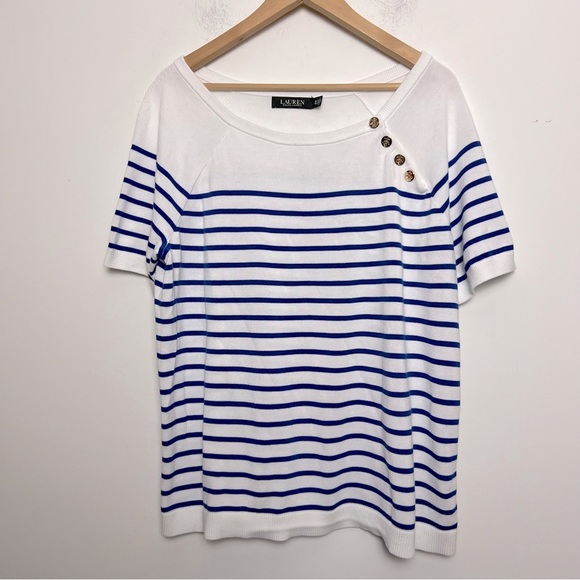 Lauren Ralph Lauren Black Label White Blue Stripe Gold Button Short Sleeve Knit - Picture 1 of 15